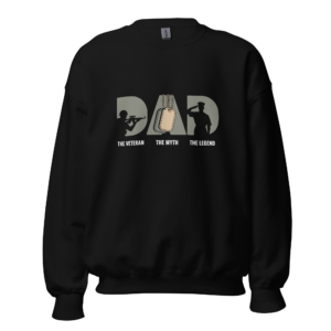 Men's crew neck sweatshirt featuring the word 'Dad,' perfect for veterans who are fathers or as a gift from their children or wives. Available in black, navy, maroon, and forest green, made from a soft and durable 50/50 cotton-polyester blend.