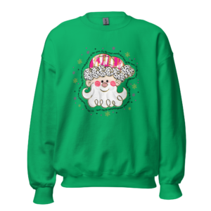 'Wonderful Santa' Crewneck Sweatshirt is a Women's crew neck sweatshirt featuring a cute Santa design with the text 'It’s a Wonderful Time of the Year,' available in ash grey, sport grey, light pink, light blue, sand, military green, and white. Made from a soft 50/50 cotton-polyester blend, perfect for staying cozy and stylish during the holiday season.