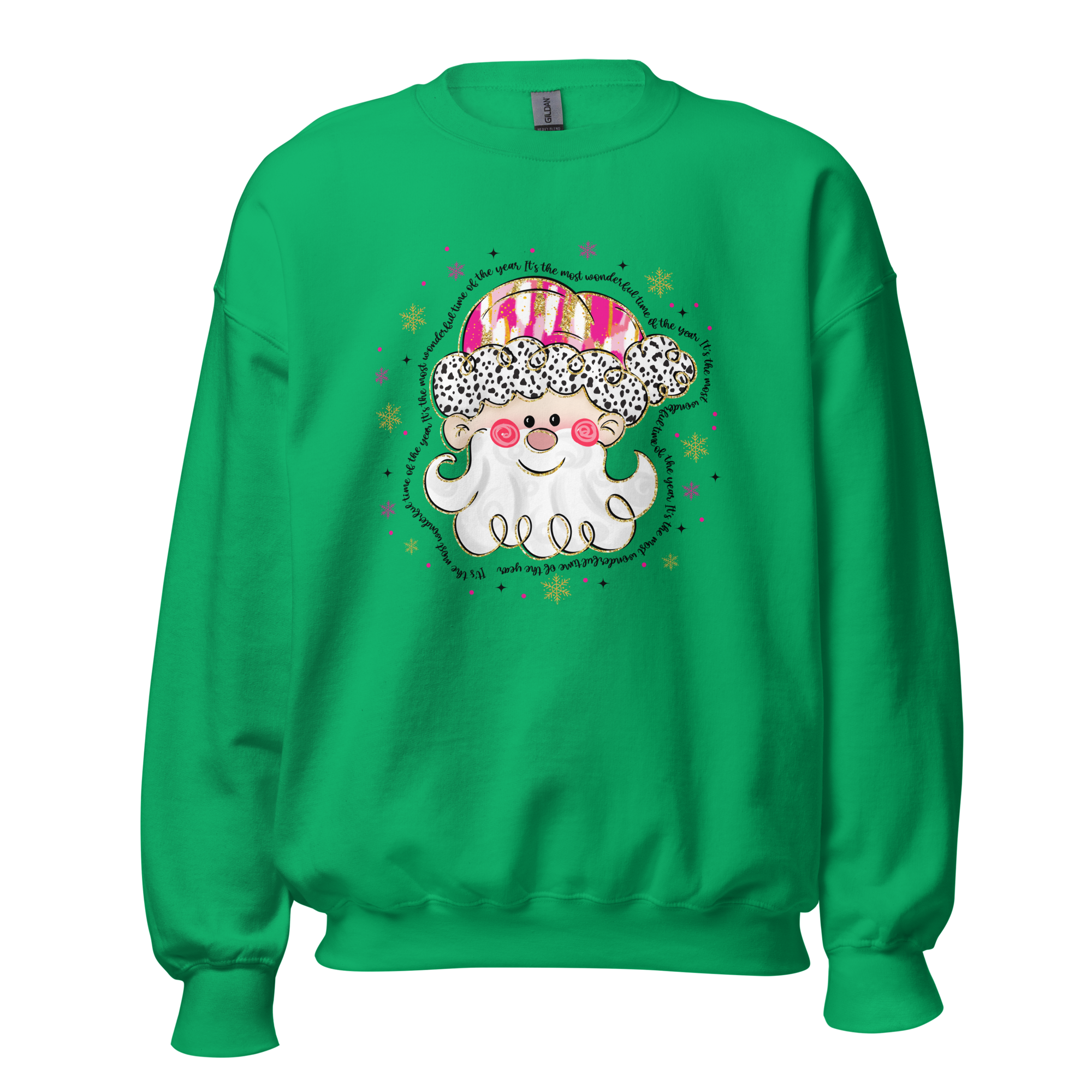 'Wonderful Santa' Crewneck Sweatshirt is a Women's crew neck sweatshirt featuring a cute Santa design with the text 'It’s a Wonderful Time of the Year,' available in ash grey, sport grey, light pink, light blue, sand, military green, and white. Made from a soft 50/50 cotton-polyester blend, perfect for staying cozy and stylish during the holiday season.