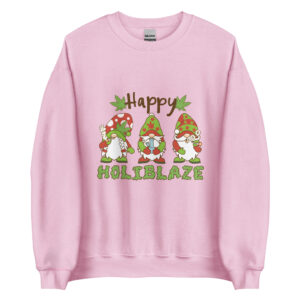 Women's crew neck sweatshirt featuring the words 'Happy Holiblaze' and three green stoned gnomes in Christmas gear, available in two colors. Made from a soft 50/50 cotton-polyester blend, perfect for cozy and playful holiday celebrations.