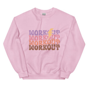 Women's crew neck sweatshirt featuring the word 'Workout' repeated three times with a lightning bolt design on top, available in two colors. Made from a soft 50/50 cotton-polyester blend, ideal for staying warm at the gym during fall and winter.