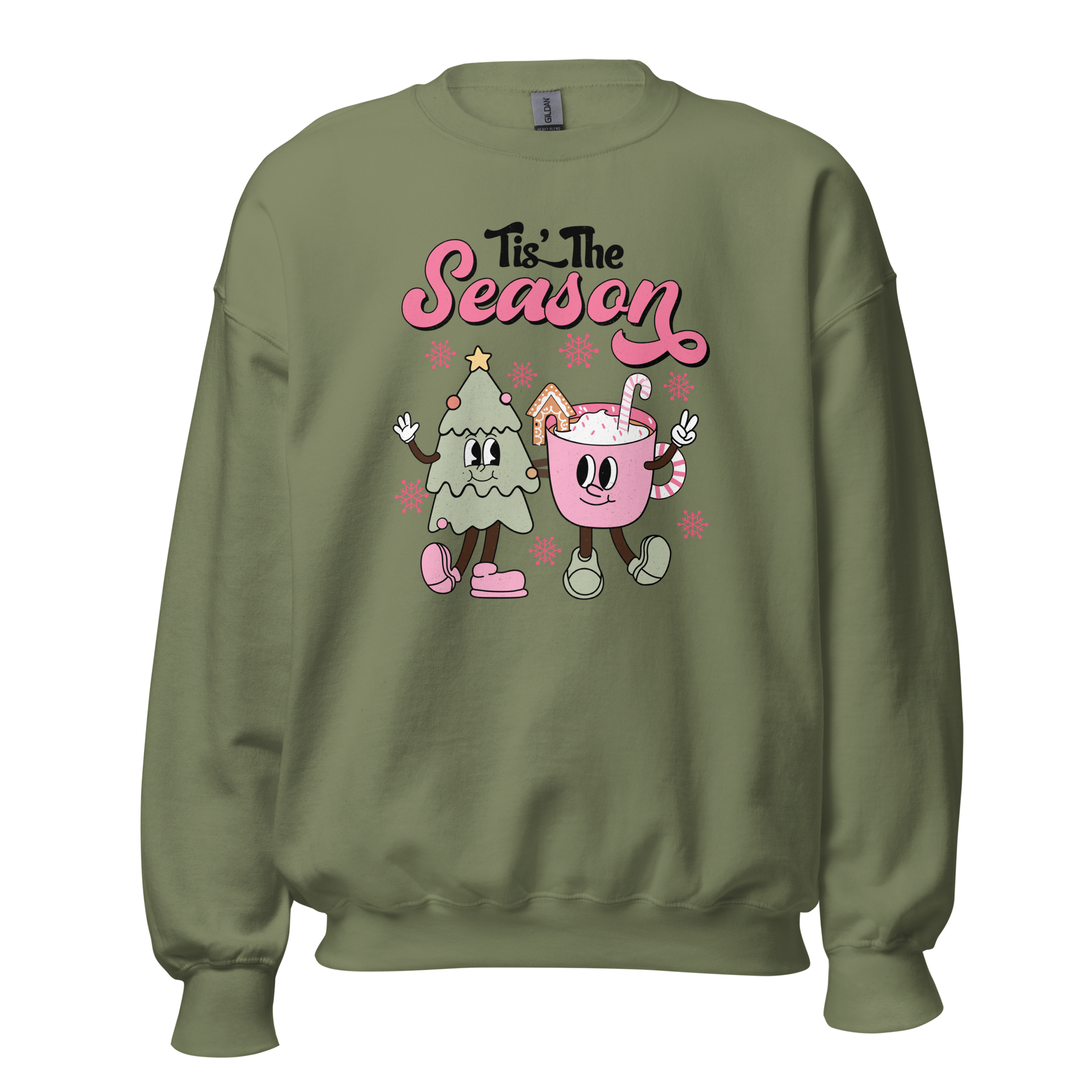Women's Gildan 18000 'Tis the Season Crewneck' with "‘Tis the Season" text, a cartoon latte, and a Christmas tree design. Available in eight colors and six sizes, this cozy sweatshirt is made from a soft 50% cotton and 50% polyester blend. Perfect for festive and comfortable holiday wear.