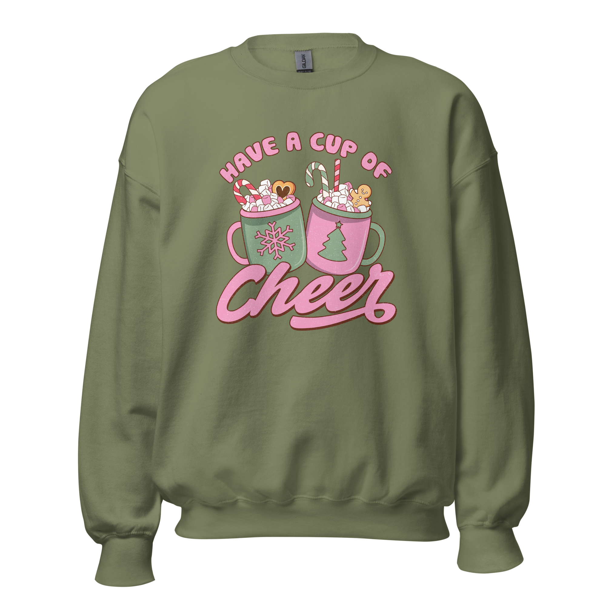 Women's Gildan 18000 'Have a Cup of Cheer Crewneck' with "Have a Cup of Cheer" text and two cartoon lattes. Available in eight colors and six sizes, this cozy sweatshirt is made from a soft 50% cotton and 50% polyester blend. Perfect for festive and comfortable holiday wear.