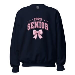 The Senior 2025 Crewneck is a Women's crew neck sweatshirt with a pink bow and 'Senior 2025' text, available in ash grey, sport grey, light pink, light blue, sand, military green, black, and white. Made from a soft 50/50 cotton-polyester blend, perfect for high school seniors celebrating their graduation year.
