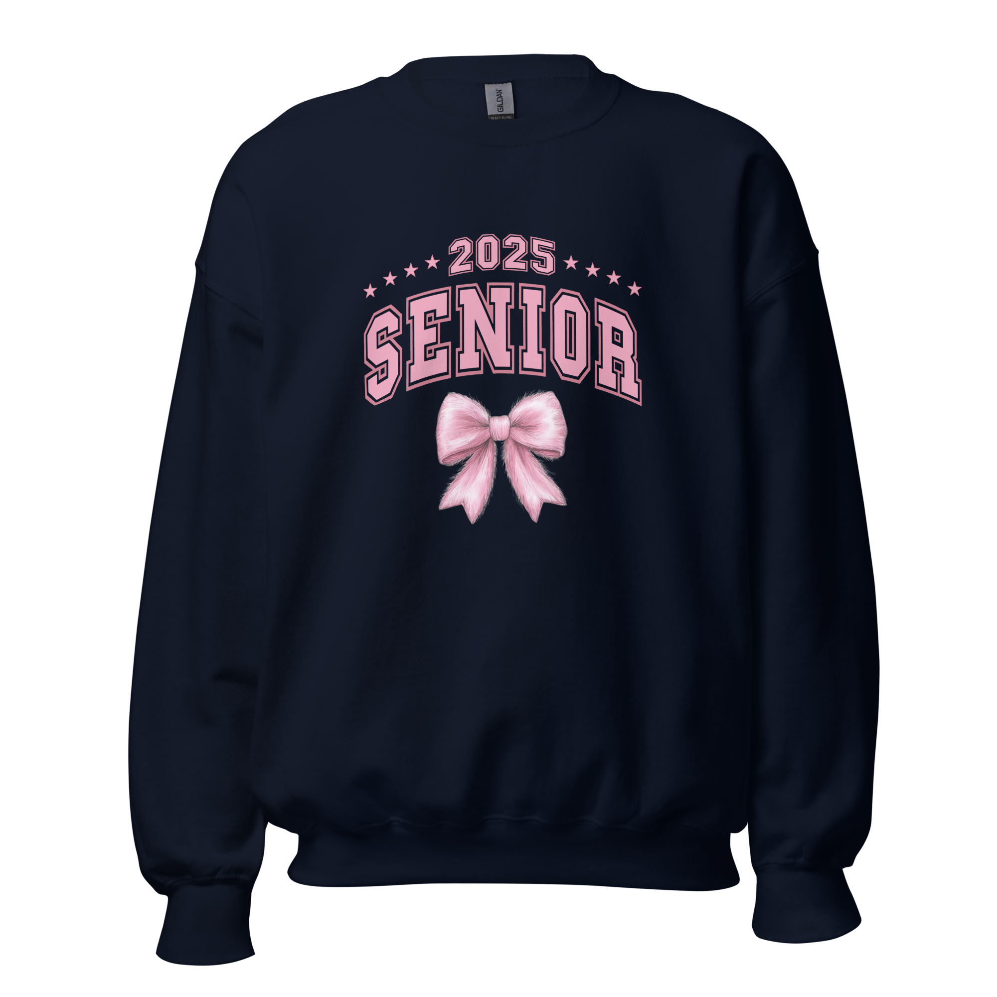 The Senior 2025 Crewneck is a Women's crew neck sweatshirt with a pink bow and 'Senior 2025' text, available in ash grey, sport grey, light pink, light blue, sand, military green, black, and white. Made from a soft 50/50 cotton-polyester blend, perfect for high school seniors celebrating their graduation year.