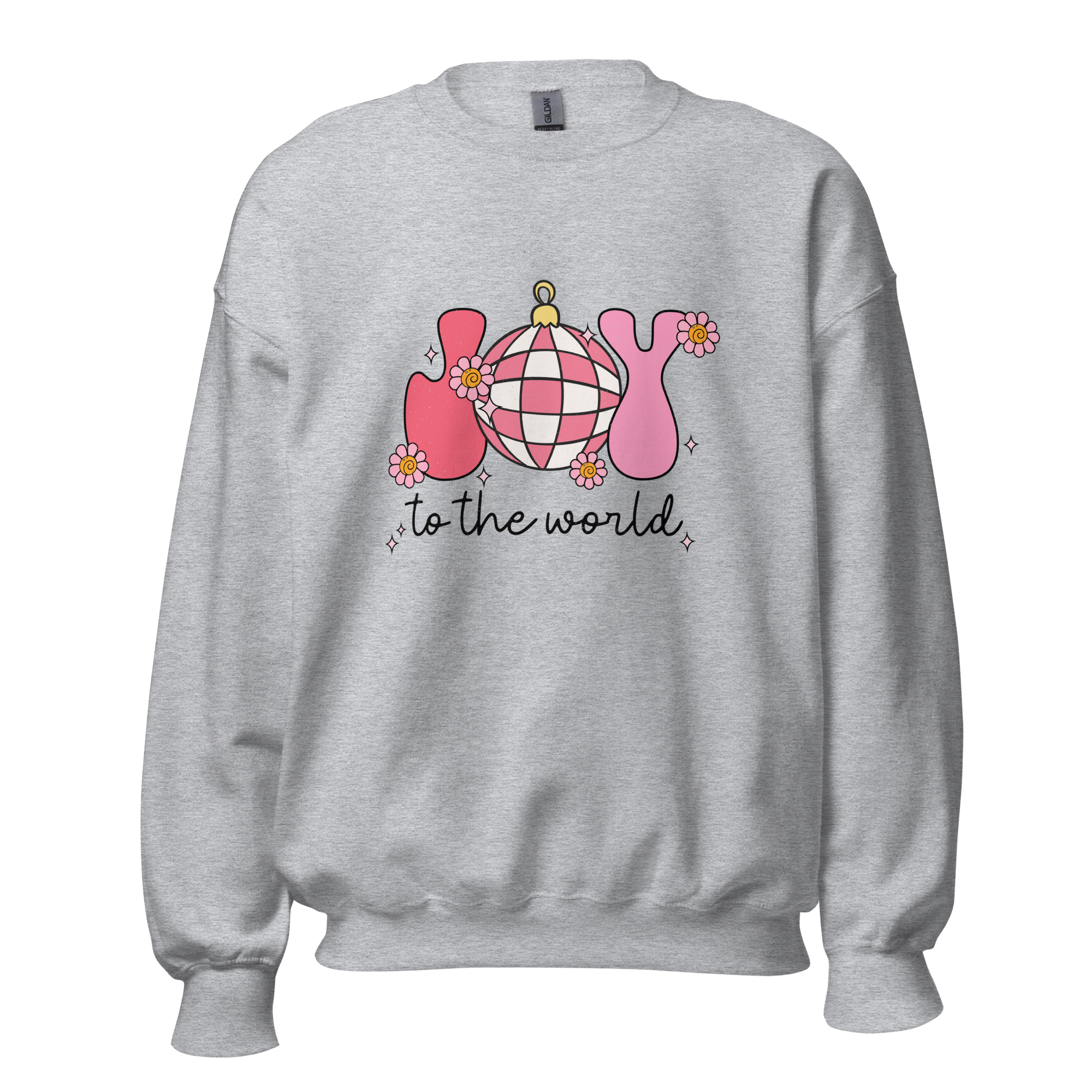 Women's Gildan 18000 'Joy to the World Crewneck' featuring "Joy to the World" text with a Christmas ornament design. Available in eight colors and six sizes, this cozy sweatshirt is made from a 50% cotton and 50% polyester blend. Ideal for festive and comfortable holiday wear.