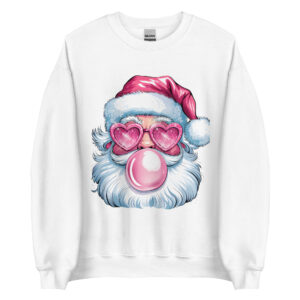 'Gum Poppin Santa' Crewneck Sweatshirt is a Women's crew neck sweatshirt featuring a playful Santa design with shades and pink bubble gum, available in ash grey, sport grey, light pink, and white, perfect for the holiday season.