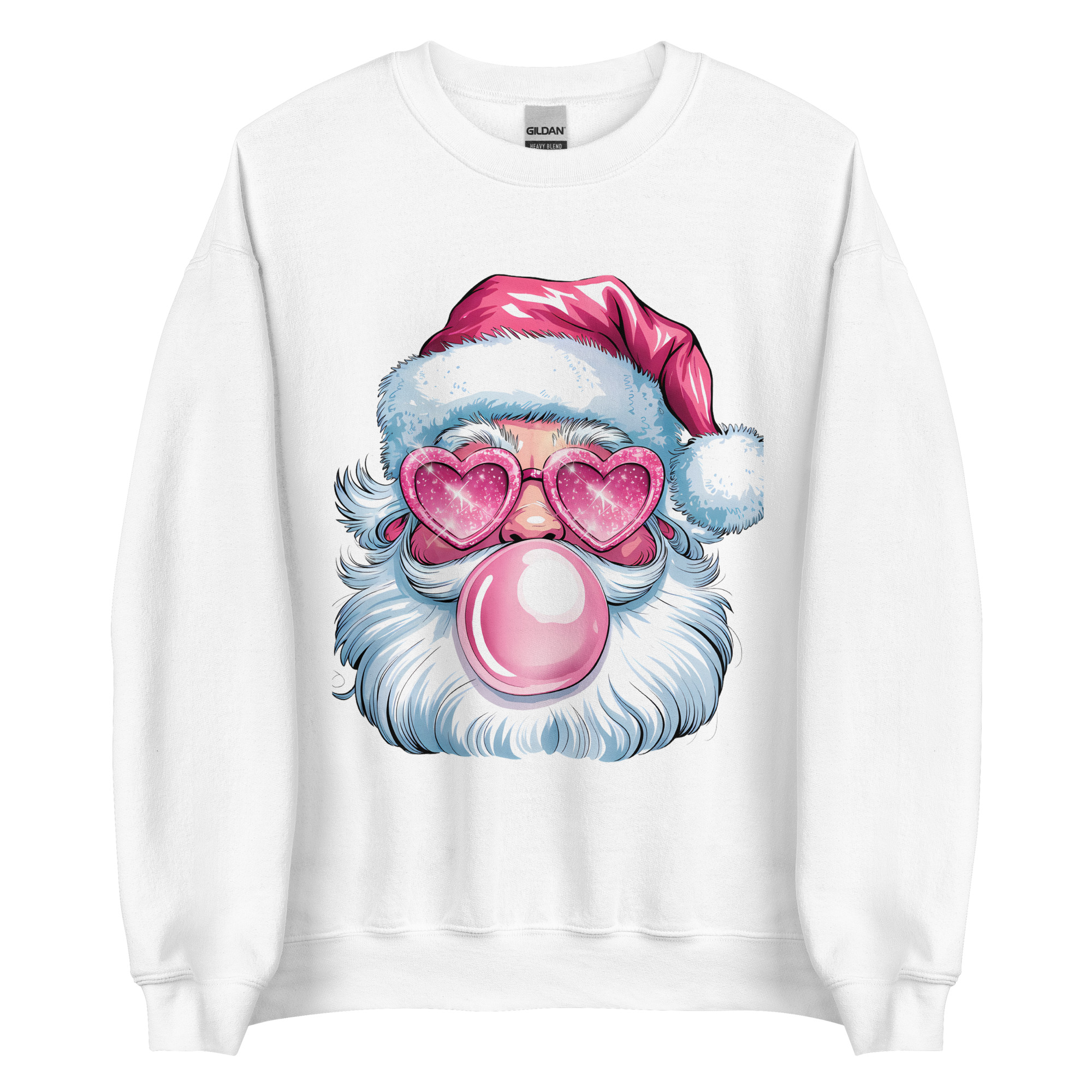 'Gum Poppin Santa' Crewneck Sweatshirt is a Women's crew neck sweatshirt featuring a playful Santa design with shades and pink bubble gum, available in ash grey, sport grey, light pink, and white, perfect for the holiday season.