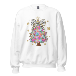 Women's white crew neck sweatshirt featuring a retro-style Christmas tree design with a large bow on top, made from a soft 50/50 cotton-polyester blend. Perfect for young women looking for a cozy and festive holiday outfit.