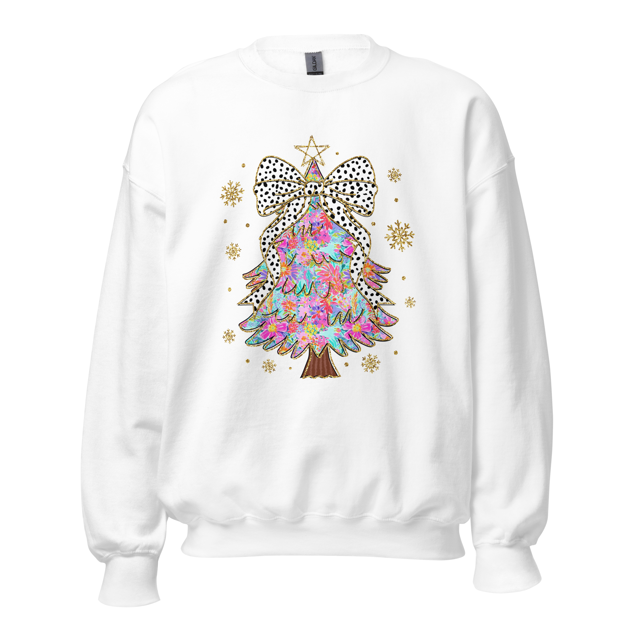 Women's white crew neck sweatshirt featuring a retro-style Christmas tree design with a large bow on top, made from a soft 50/50 cotton-polyester blend. Perfect for young women looking for a cozy and festive holiday outfit.