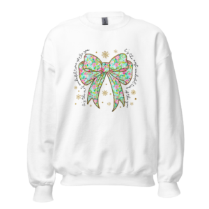 Women's crew neck sweatshirt featuring a festive green and pink bow, available in sport grey, light pink, sand, ash grey, and white. Made from a soft and durable 50/50 cotton-polyester blend, perfect for young women during the holiday season