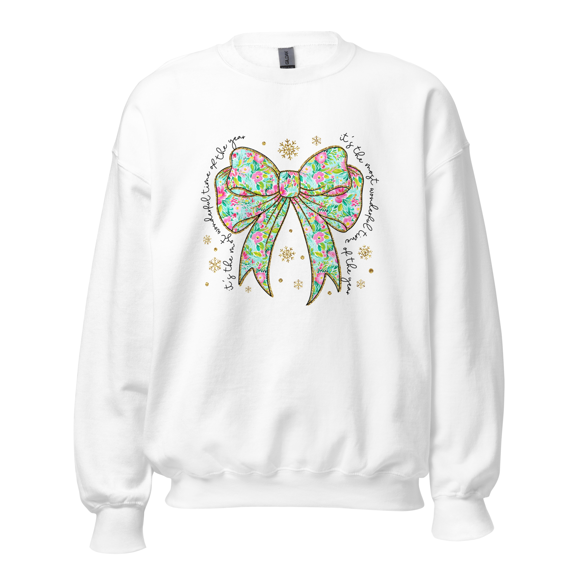 Women's crew neck sweatshirt featuring a festive green and pink bow, available in sport grey, light pink, sand, ash grey, and white. Made from a soft and durable 50/50 cotton-polyester blend, perfect for young women during the holiday season