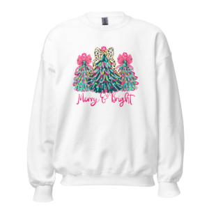 Women's crew neck sweatshirt featuring a pink and green Christmas tree trio with bows on top, available in ash grey and white. Made from a soft 50/50 cotton-polyester blend, perfect for young women seeking a festive and cozy holiday look.