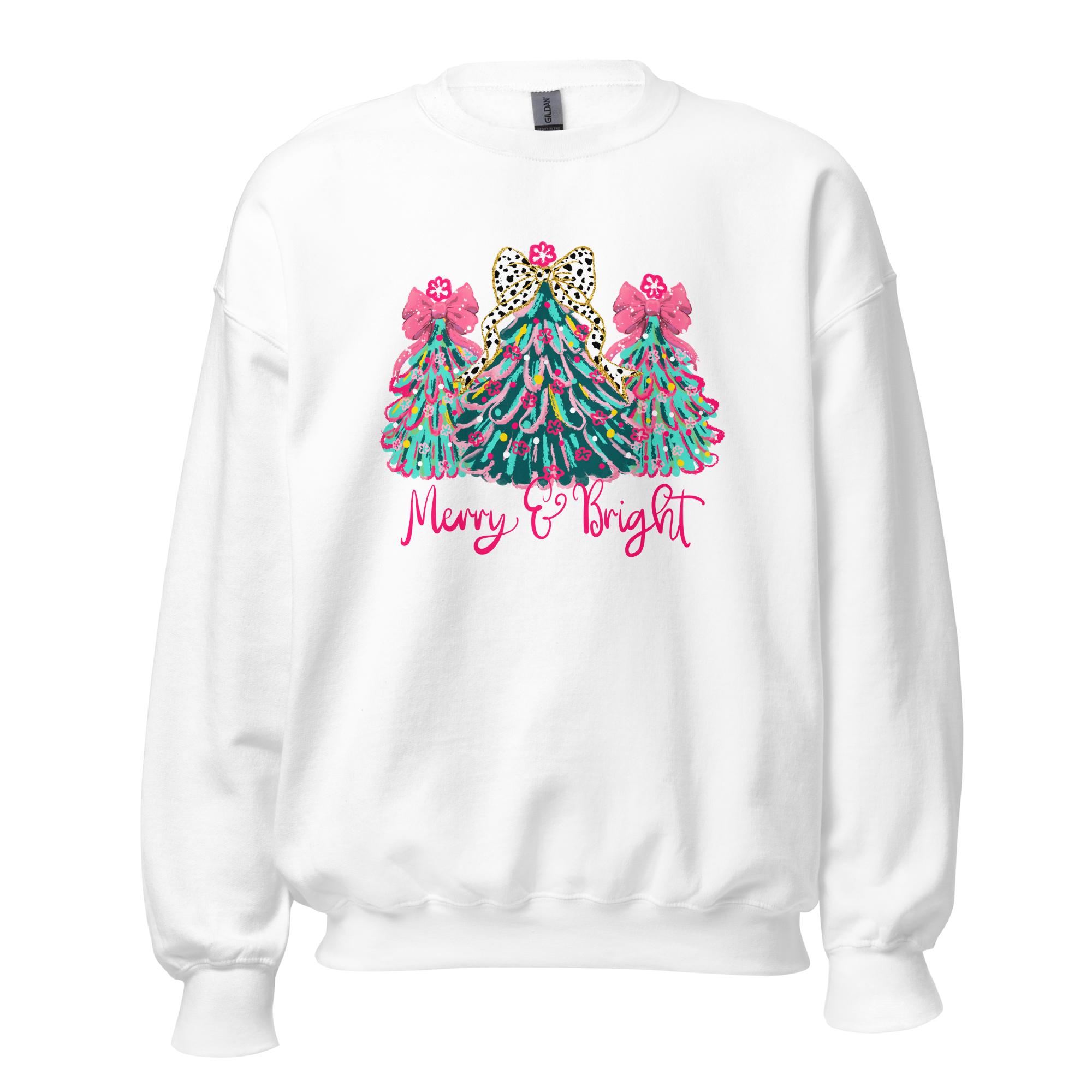 Women's crew neck sweatshirt featuring a pink and green Christmas tree trio with bows on top, available in ash grey and white. Made from a soft 50/50 cotton-polyester blend, perfect for young women seeking a festive and cozy holiday look.