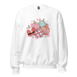 Women's Gildan 18000 'Ho Ho Ornaments Crewneck' featuring five unique Christmas ornaments on the front. Available in two colors and six sizes, this festive sweatshirt is made from 50% cotton and 50% polyester for softness and warmth. Perfect for young women looking for a cute and cozy holiday outfit.