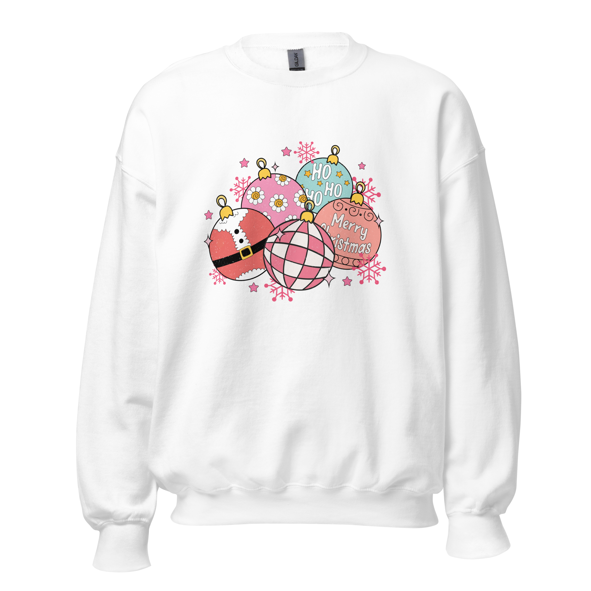Women's Gildan 18000 'Ho Ho Ornaments Crewneck' featuring five unique Christmas ornaments on the front. Available in two colors and six sizes, this festive sweatshirt is made from 50% cotton and 50% polyester for softness and warmth. Perfect for young women looking for a cute and cozy holiday outfit.
