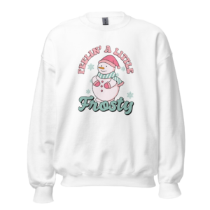 Women's Gildan 18000 'Feelin a Little Frosty Crewneck' featuring "Feelin a Little Frosty" text and a snowman graphic. Available in ten colors and six sizes, this cozy sweatshirt is made from a soft 50% cotton and 50% polyester blend. Ideal for festive and comfortable holiday wear.