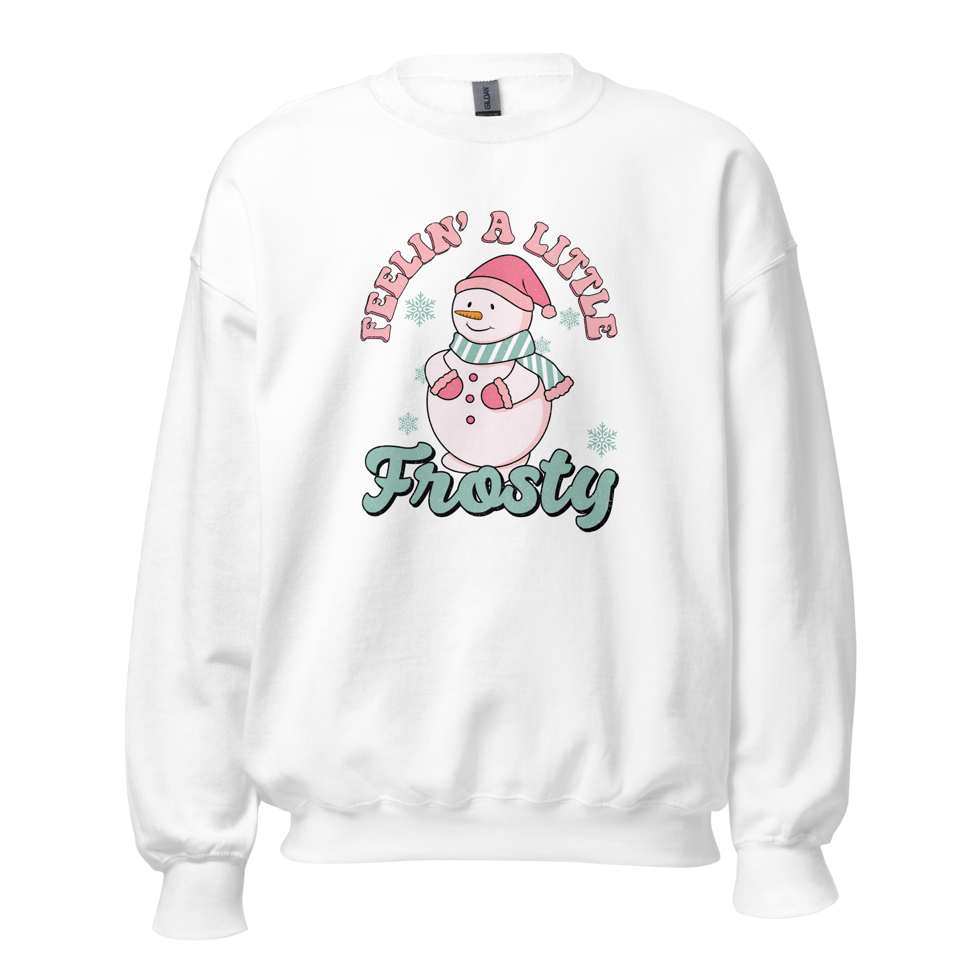 Women's Gildan 18000 'Feelin a Little Frosty Crewneck' featuring "Feelin a Little Frosty" text and a snowman graphic. Available in ten colors and six sizes, this cozy sweatshirt is made from a soft 50% cotton and 50% polyester blend. Ideal for festive and comfortable holiday wear.
