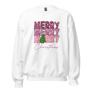 Women's Gildan 18000 'Merry Merry Merry Crewneck' featuring "Merry Merry Merry" in pink with a green Christmas tree. Available in four colors and six sizes, this cozy sweatshirt is made from a 50% cotton and 50% polyester blend. Perfect for festive and stylish holiday wear.