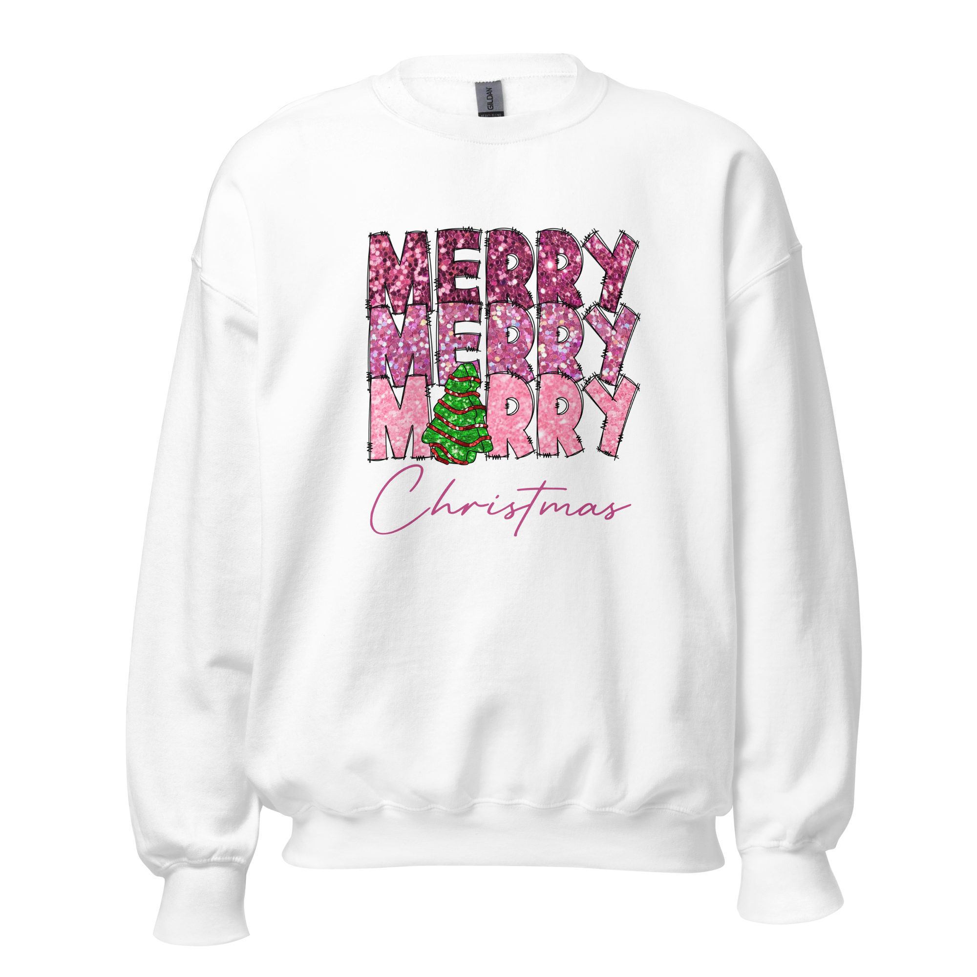 Women's Gildan 18000 'Merry Merry Merry Crewneck' featuring "Merry Merry Merry" in pink with a green Christmas tree. Available in four colors and six sizes, this cozy sweatshirt is made from a 50% cotton and 50% polyester blend. Perfect for festive and stylish holiday wear.